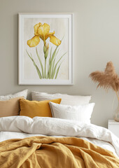 high ceiling blue green lobby living room with lot of light thru the big glass windows and big flowers painting art frame 