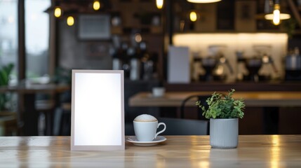 Blank menu sign mockup on wooden table in cafe