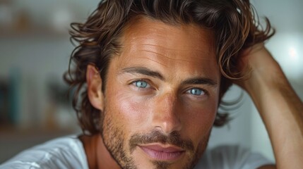 Obraz premium A close up portrait of a man looking directly at the camera. He has wavy brown hair, blue eyes, and a light beard. His hand is resting on the side of his head