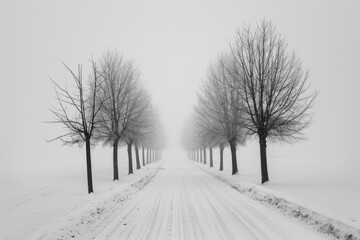 Obraz premium A snowy road lined with trees, perfect for winter scenes and landscapes