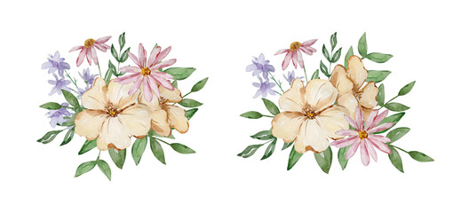 Watercolor garden flowers bouquets set