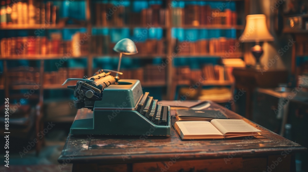 Poster a desk with a typewriter and a lamp on it in a library