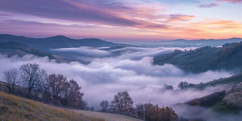 This image shows a foggy sunrise over rolling hills, where trees emerge from the mist, creating a dreamy and ethereal landscape that exudes tranquility and serenity.