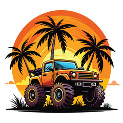 Vector art of synthase 4WD Monster Truck with pal trees and sunset, white background