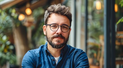 Obraz premium a man with glasses and a beard is looking at the camera with a serious look on his face