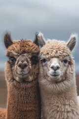 Obraz premium A pair of llamas standing side by side, possibly in a farm or zoo setting