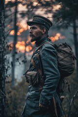Obraz premium A man wearing a military uniform stands in a wooded area, possibly on duty or during training