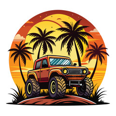 Vector art of synthase 4WD Monster Truck with pal trees and sunset, white background