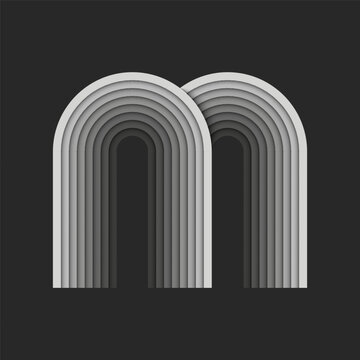 Letter M logo monogram initial, 3d layers grey gradient parallel stripes pattern, paper cut levels style identity design mockup, monochrome typography logotype.