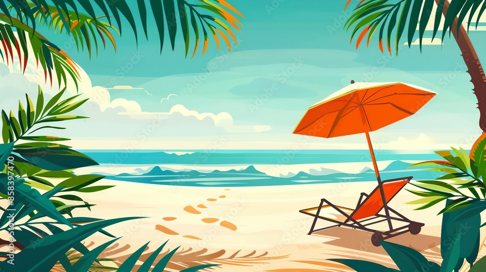 Canvas Prints a beach scene with a chair and umbrella on the sand