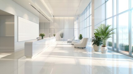 Modern hotel lobby with white reception desk and seating