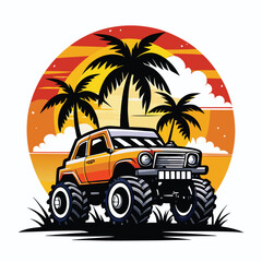 Vector art of synthase 4WD Monster Truck with pal trees and sunset, white background