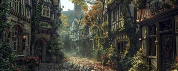 Naklejka premium A quaint village scene with cobblestone streets and half-timbered houses.