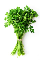 A close-up shot of a bunch of fresh parsley leaves on a clean white surface