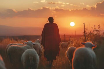 A person in a red robe walks with a flock of sheep, straightforward image of rural activity