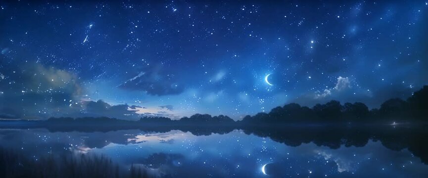 a dreamy starlit night over a tranquil lake with reflections of the moon and constellations, creating a serene and mystical ambiance