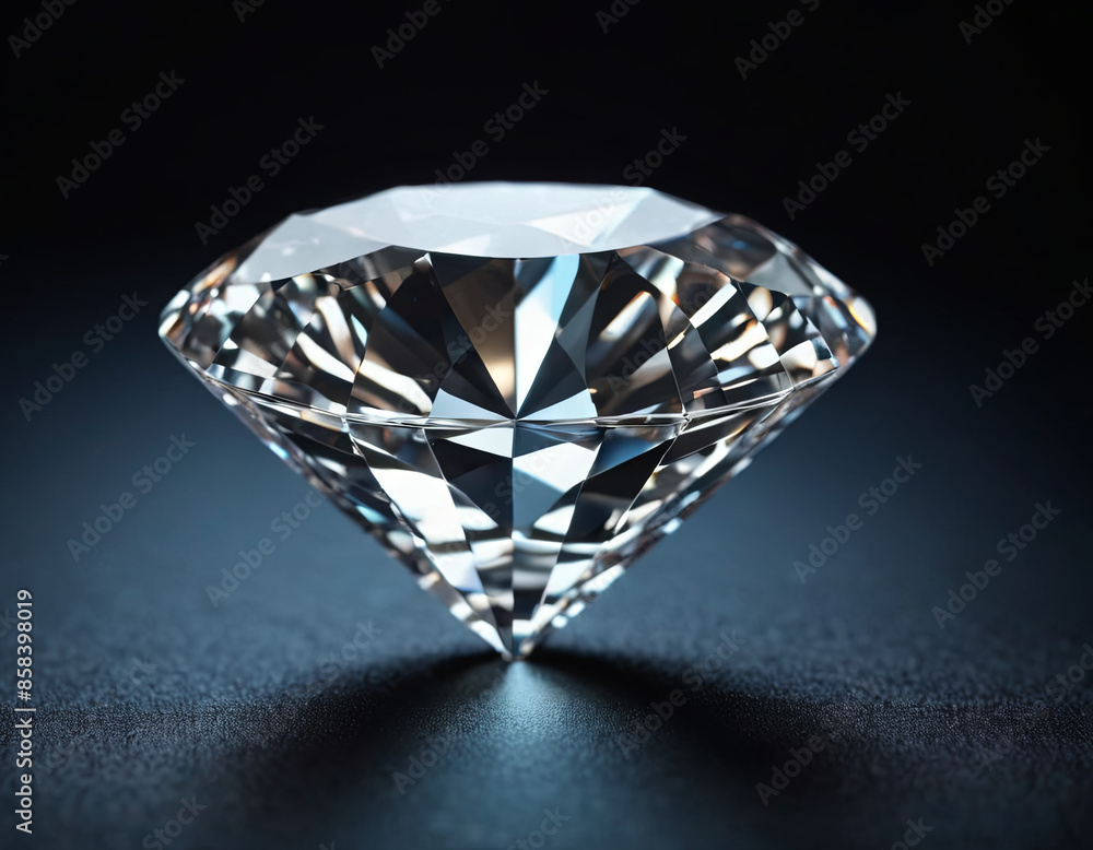 Poster a close-up view of a sparkling diamond resting on a black surface. the diamonds facets catch the lig