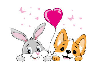 Peeking smiling rabbit and welsh corgi dog with balloon