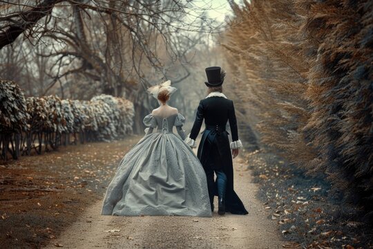 A couple dressed in Victorian clothing walking down a path, great for historical or period drama settings