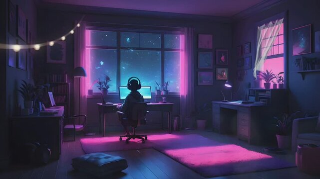 Cozy room at night with bookshelves and computers. Serene purple and blue hues create a focused ambiance