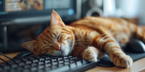 This image captures the endearing sight of a cute and content sleeping cat resting comfortably on a computer keyboard, showcasing the serene and cozy ambiance of indoor life.