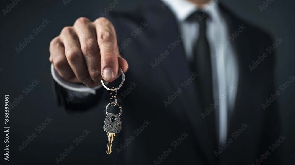 Poster a businessman in a formal outfit holding a keychain, with a blank space for adding your own message 