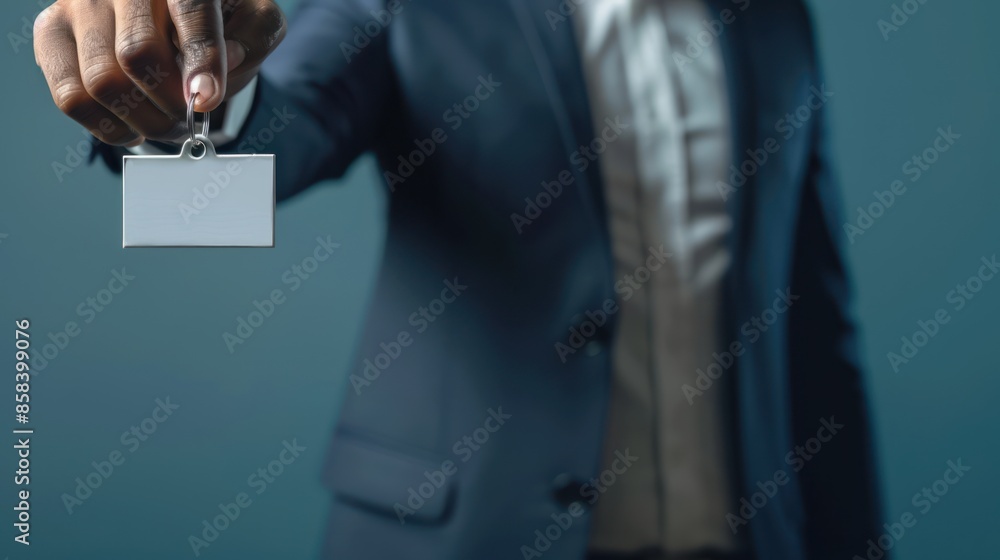 Poster a businessman in a formal outfit holding a keychain, with a blank space for adding your own message 