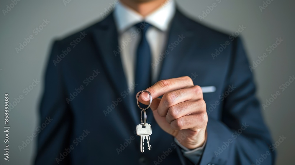 Poster a businessman in a formal outfit holding a keychain, with a blank space for adding your own message 