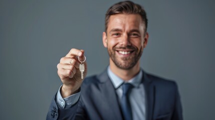 A businessman holding a keychain with a confident smile, against a blank background for your message 