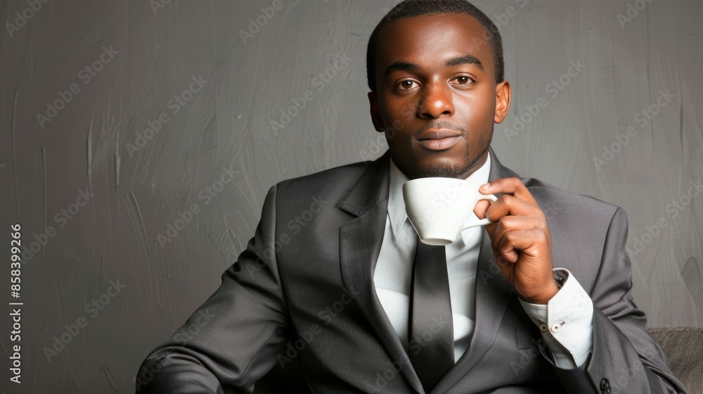 Poster a businessman in a formal outfit sipping coffee, with a blank space for adding your own message or l