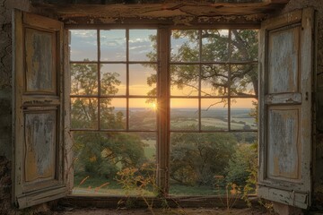 Sunset View from a Rustic Window