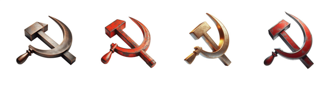 3D communist symbol set. Sickle and Hammer. Isolated transparent background PNG.