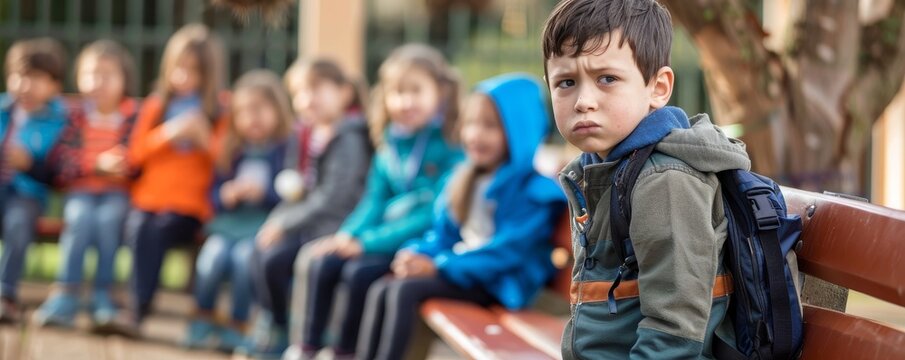A solitary, distressed child on a school bench, with a group of laughing classmates in the distance.