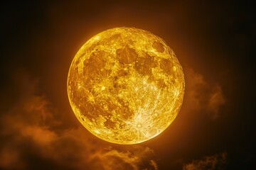 A bright yellow moon shining through the darkness of the night sky, a simple yet striking celestial scene