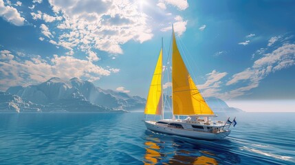 A sailboat with a yellow sail sailing in the open ocean