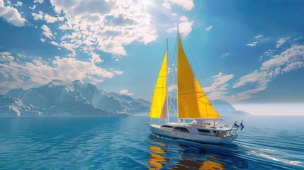 Fotobehang A sailboat with a yellow sail sailing in the open ocean © Ева Поликарпова