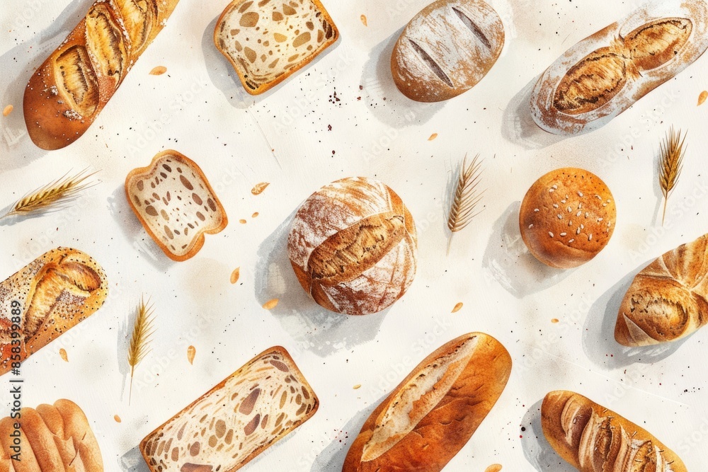 Poster a collection of bread rolls and loaves arranged on a table for display or serving