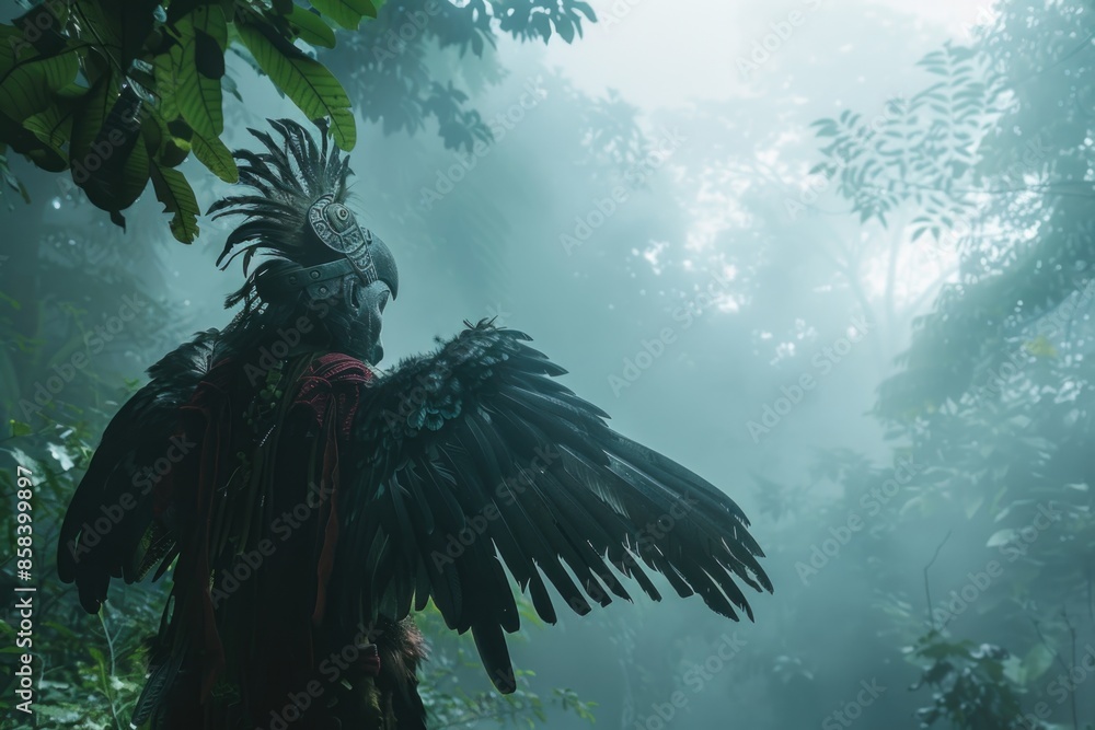 Poster a bird with feathers standing in the middle of a forest