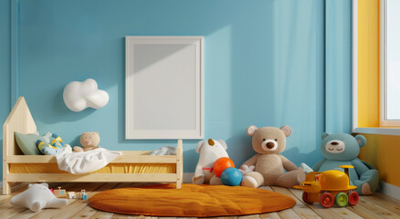 A room with a yellow bed and a white frame with a teddy bear on it by AI generated image