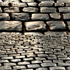   A cobblestone street with two red stop signs in the center