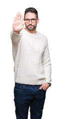 Fototapeta premium Young handsome man wearing glasses over isolated background doing stop sing with palm of the hand. Warning expression with negative and serious gesture on the face.