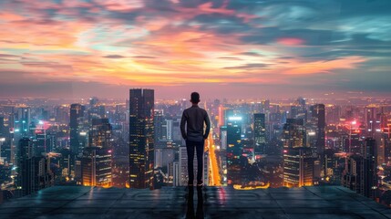 Businessman contemplating city skyline at dusk