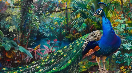 Fototapeta premium Captivating peacock portrait amidst a verdant garden, showcasing its iridescent plumage.