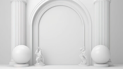 Minimalist white architectural scene with arches, spheres, and clean lines, embodying a modern and stylish aesthetic.