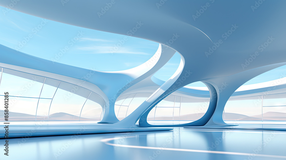 Poster Abstract architecture scene with smooth curves. Abstract background with futuristic building in white and blue colors.