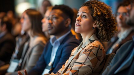 Corporate professionals attentively engage in a conference presentation, embracing knowledge and connections.