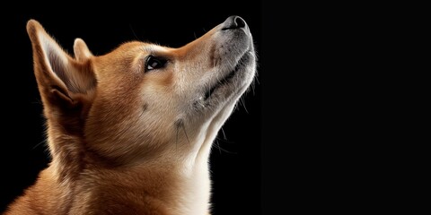 A side profile of a dog, possibly a Shiba Inu, gazes upwards against a stark black background. The lighting accentuates its fur, giving a serene and focused atmosphere.