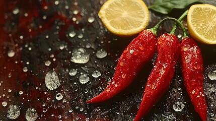   Two red peppers rest on a nearby table, accompanied by a lemon and lime slice