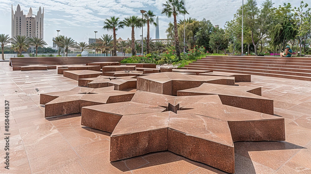 Poster a cluster of bench-like objects shaped like stars, positioned above a rocky surface adjacent to tall