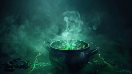 Glowing green potion in a black cauldron with steam